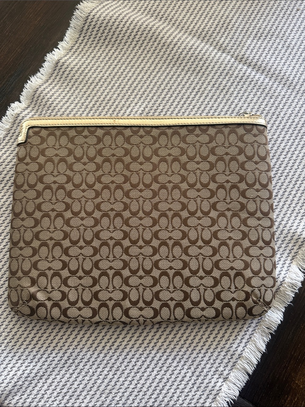 Coach Brown Signature Canvas Tablet Case with Gold Trim